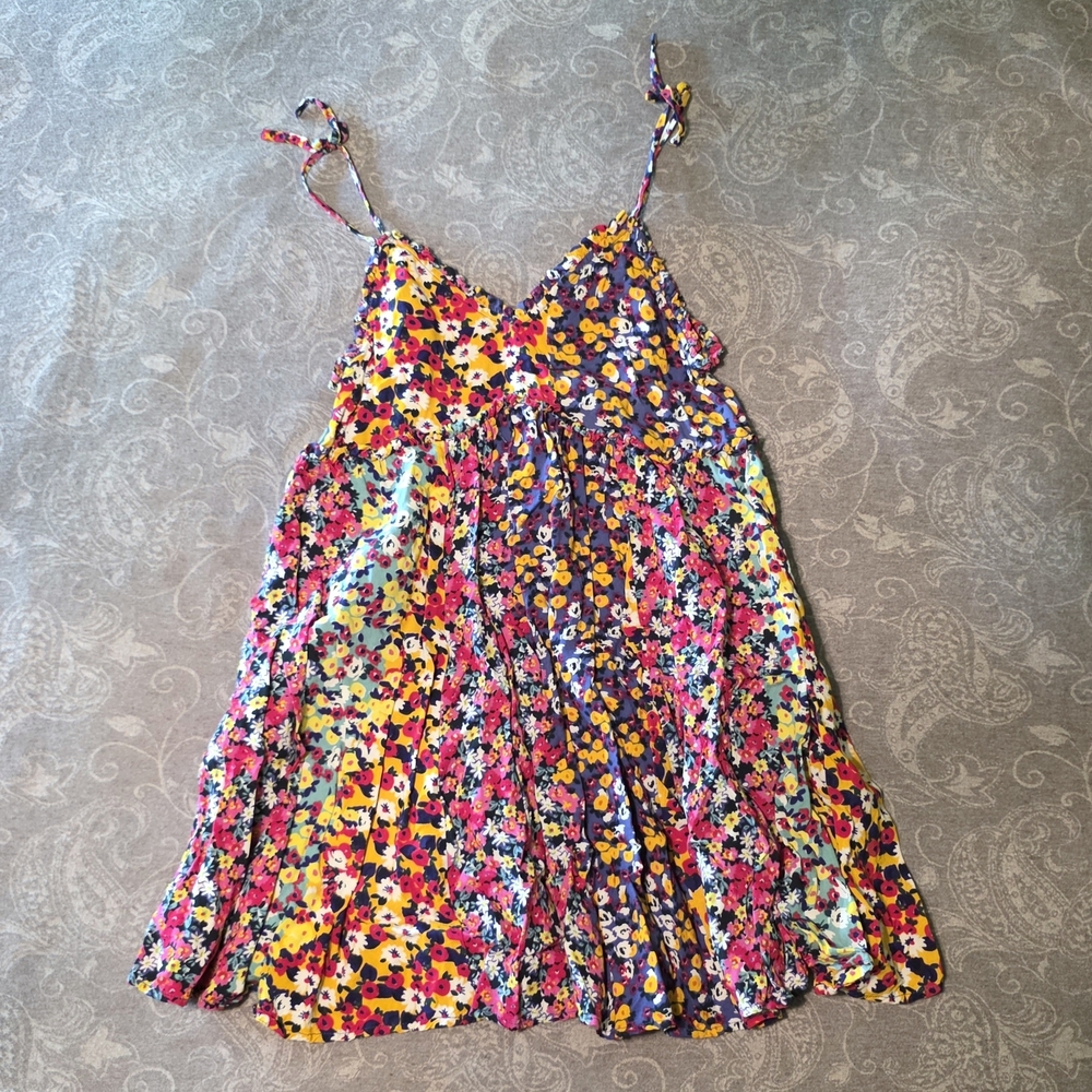 Patrons Of Peace Floral Multicolour Mini Shift Dress With Ties (Size S)